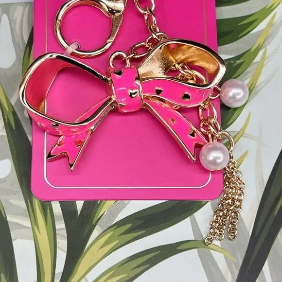 RARE Juicy Couture BOW Keychain Bag Charm Hot Pink Enameled Heart Pearl BLING